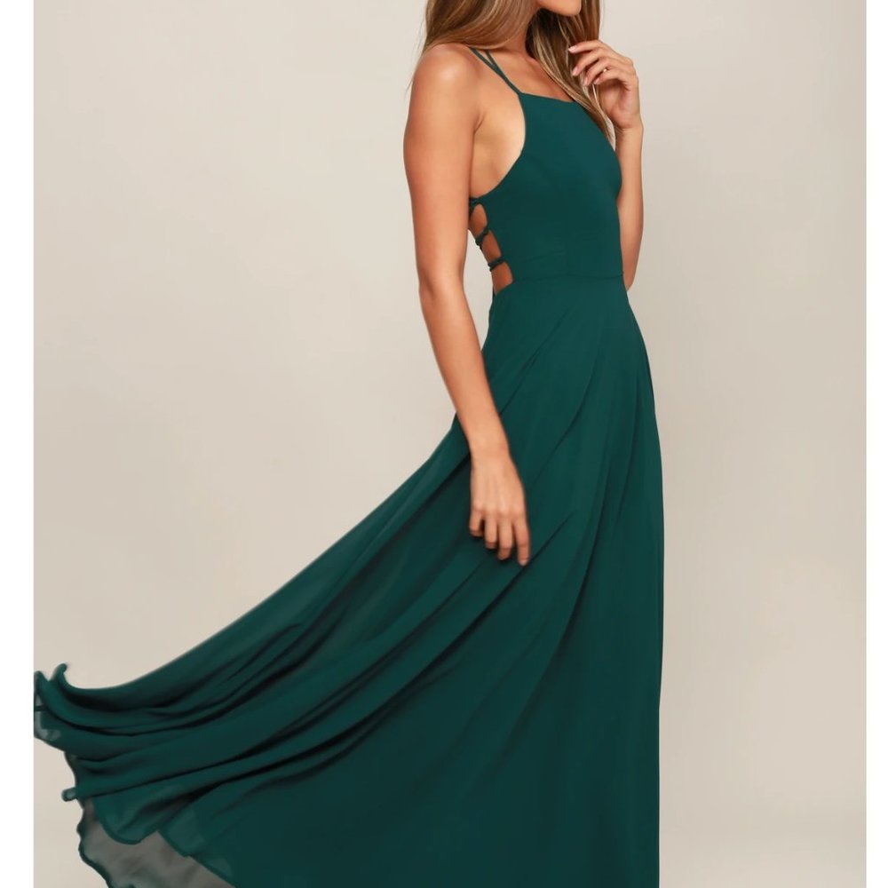 Lulus Strappy To Be Here Forest Green Lace-Up Maxi Dress, Size Medium
